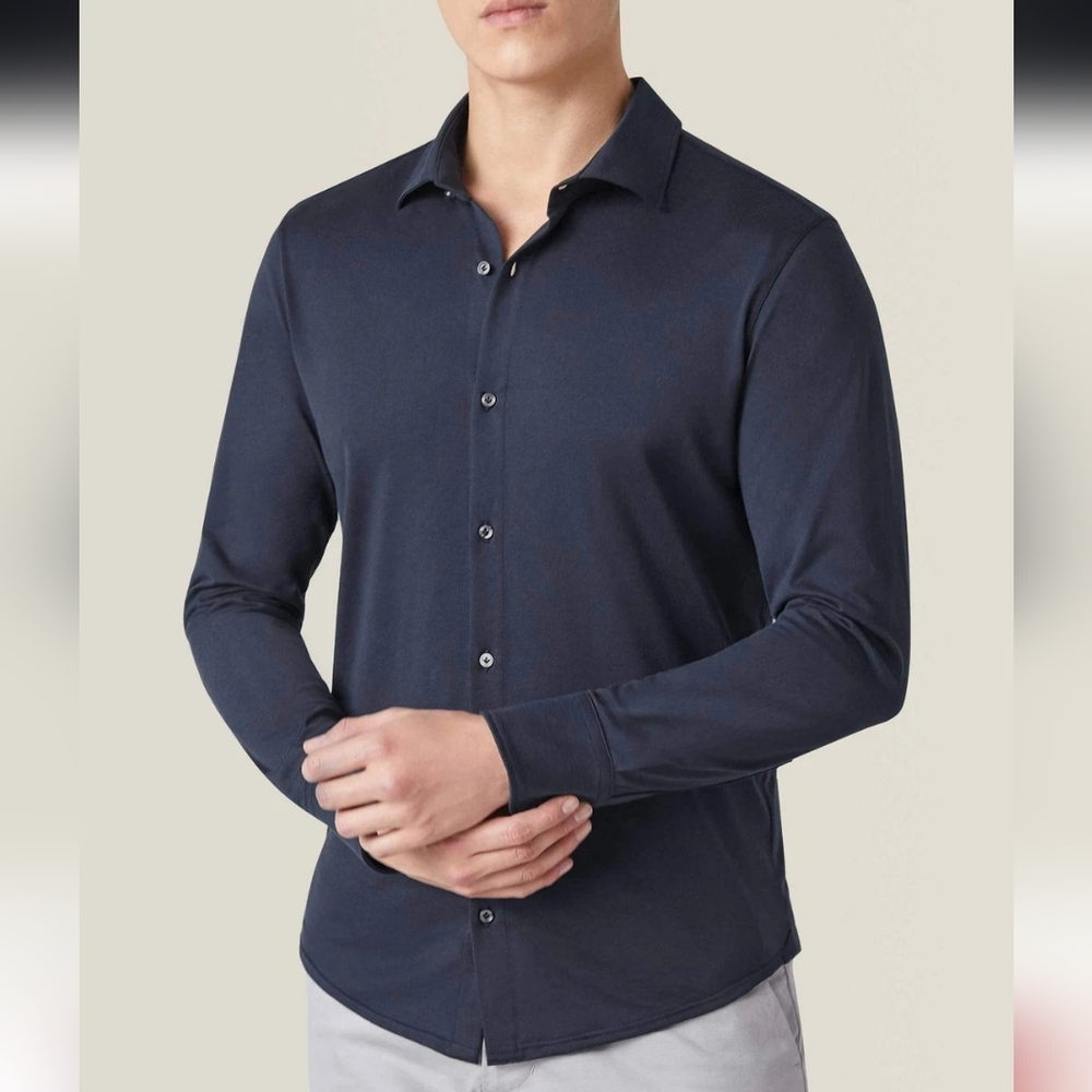 Luca Faloni Como Cotton Silk Dark Blue Button-Up Shirt Long Sleeve Navy